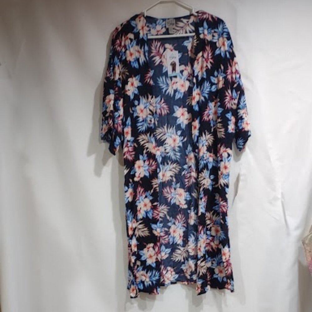 COMO VINTAGE NWT BEACH COVERUP OR ROBE SIZE RAYON FLORAL ON BLACK WOMEN'S  L/XL
